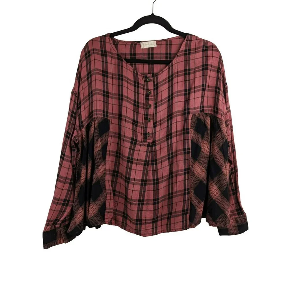 Altar'd State Boxy Long Sleeve Plaid Half Button Down Top Womens Size M